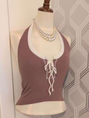 Out from Under Brown Lace-Up Ribbed Halter Tank with Cream Trim